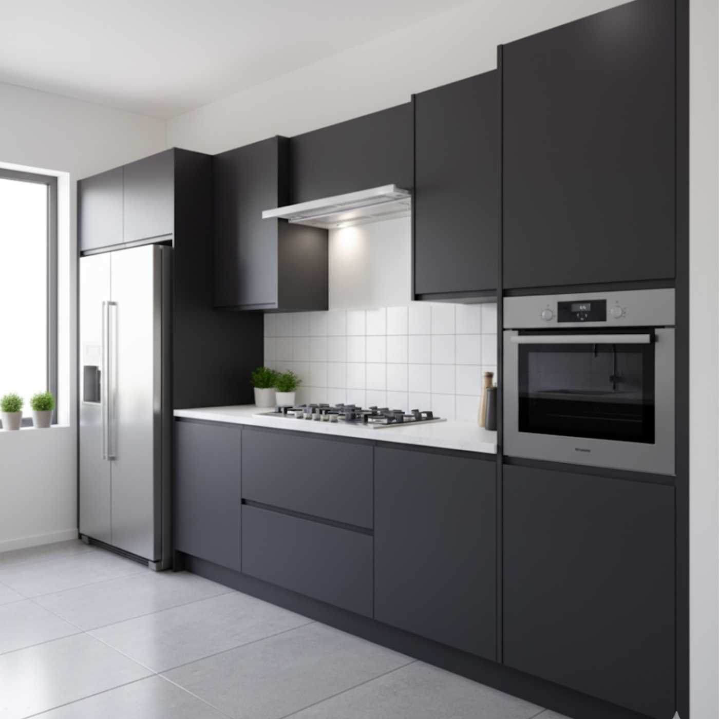 Telescopic Cooker Hood White Within A Sleek Black Kitchen With White Tiled Splashback
