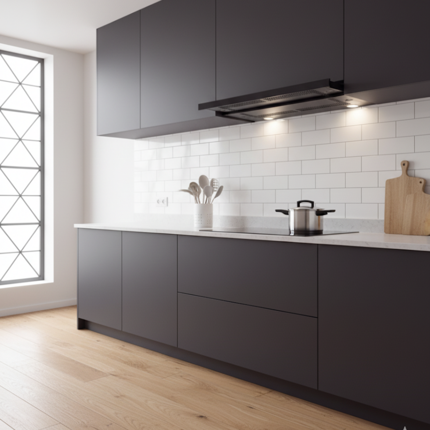 Telescopic Cooker Hood Black Installed In A Minimalistic Black Kitchen 