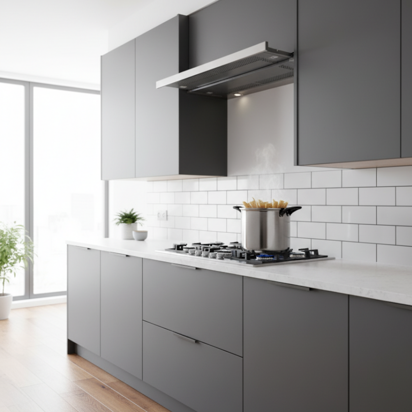 Telescopic Cooker Hood Stainless Steel Within A Sleek And Modern Kitchen Featuring A Tiled Splashback 