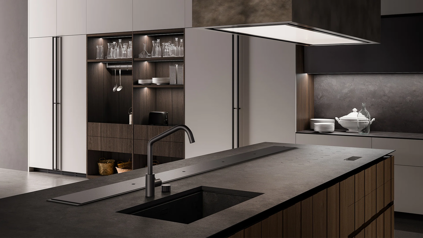 Tolvi Ceiling Cooker Hood In a Modern Kitchen With Dark Countertops, Matt Black Sink and Dark Kitchen Features.